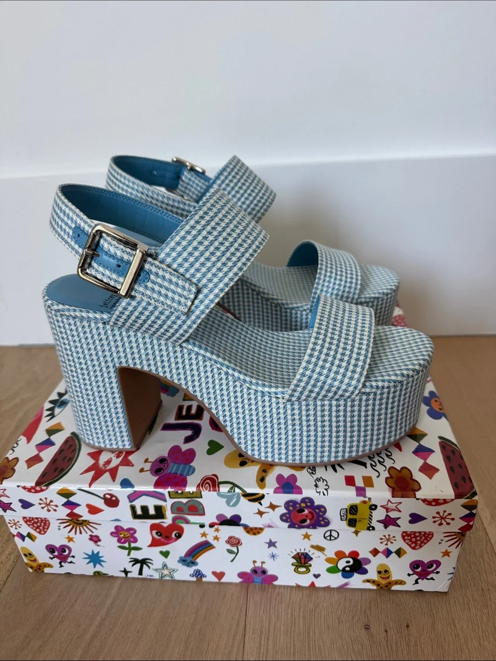 Jeffrey Campbell blue/white houndstooth platform.